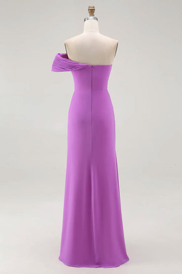 One Shoulder Purple Ruched Sheath Long Formal Dress with Slit